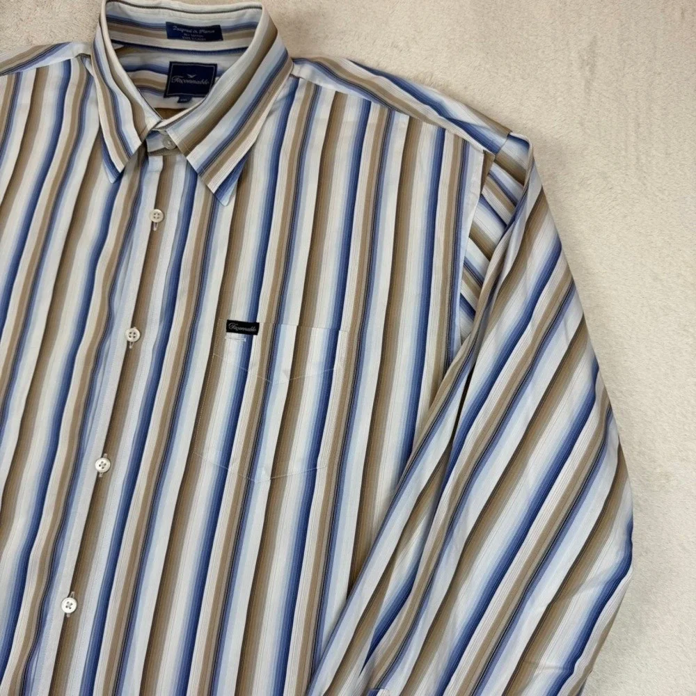 Faconnable Mens XXL‎ Blue/Tan/White Striped Long Sleeve Button Down Cotton Shirt